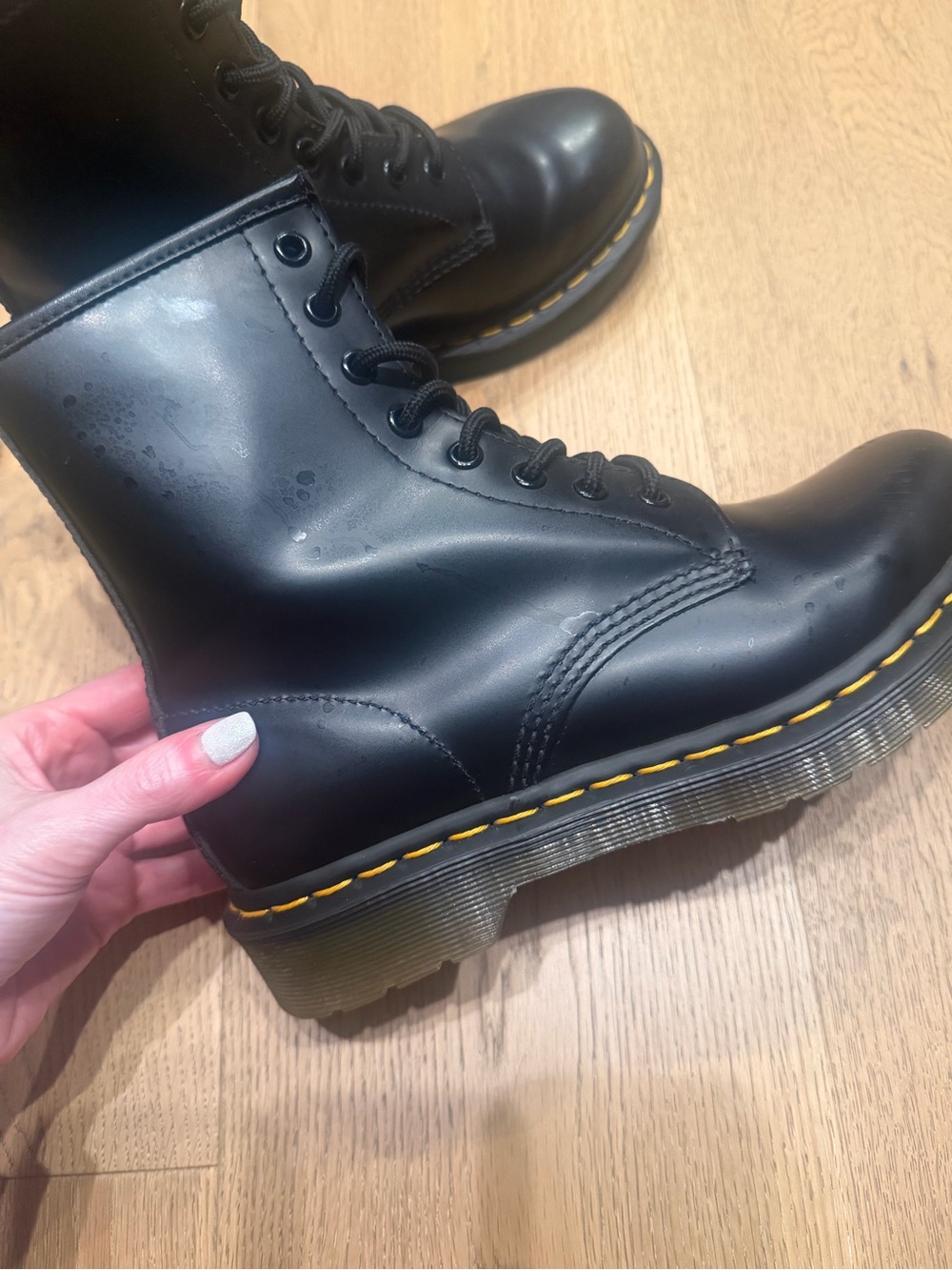 Dr. Martens Black Leather Lace-Up Platform Boots with Yellow Stitching - Picture 4 of 7